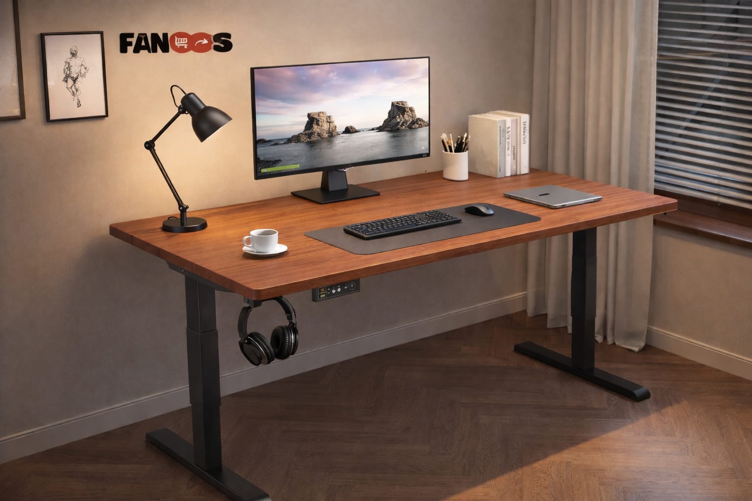 Industrial style wooden side table with integrated power strip and USB ports.